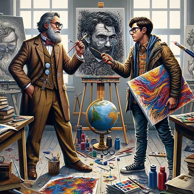 박사학위 보유 작가와 학사학위 보유 작가의 대치.[이미지=created by DALL·E 3]