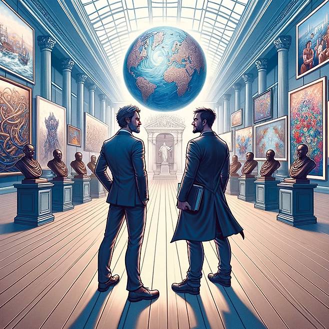 지구를 놓고 겨루는 글로벌 갤러리스트와 로컬 갤러리스트.[이미지=created by DALL·E 3]