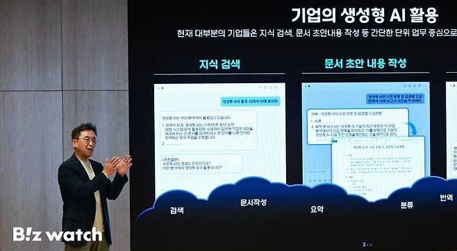 삼성SDS 송해구 솔루션사업부장이 2일 삼성SDS 사옥에서 열린 '삼성SDS 생성형 AI 미디어데이'에 참석해 브리티 코파일럿 기능과 특징을 소개하고 있다./사진=이명근 기자 qwe123@