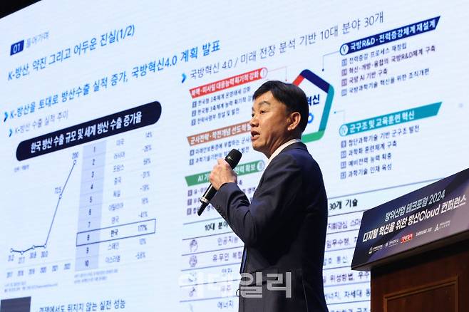 신삼범 명지대 교수가 30일 서울 강남구 한국과학기술회관에서 열린 ‘방위산업 테크포럼 2024’에서 기조강연을 하고 있다. (사진=이영훈 기자)