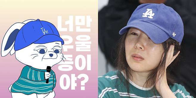 지난달 25일 하이브-어도어 경영권 분쟁 관련 기자회견을 연 민희진 어도어 대표(오른쪽)와 이 모습을 토대로 한 누리꾼이 만든 NFT(왼쪽). /NFT 거래소 조라·뉴스1