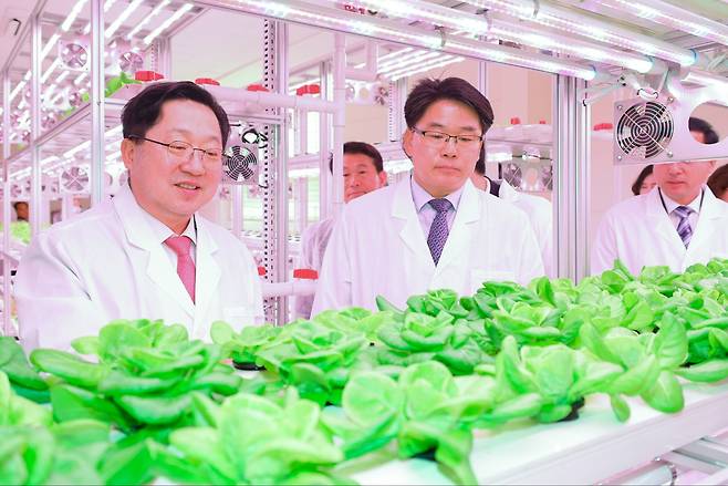 이장우 대전시장이 6일 기술연구형 대전팜 개장행사에 참여해 채소 재배시설을 점거하고 있다.