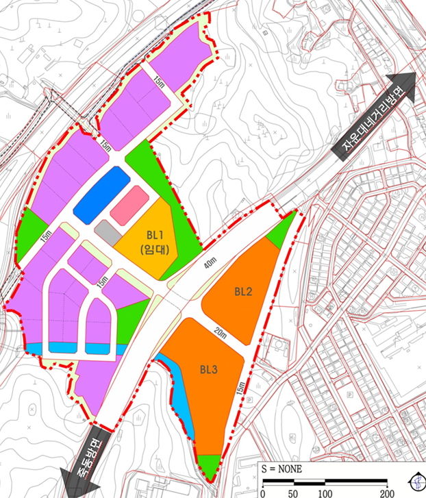 [대전=뉴시스] 대전 유성구 하기산단 토지이용 계획도. 주황색 부분이 아파트 예정지이고, 보라색과 파란색·분홍색부분이 산업용지다.  *재판매 및 DB 금지