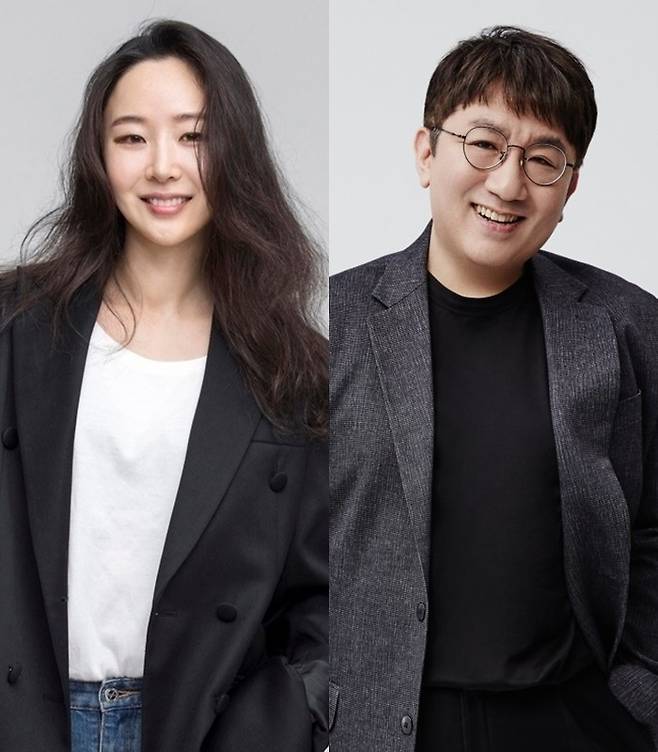 하이브 방시혁 의장(오른쪽)과 하이브 레이블 어도어의 민희진 대표. 각 기획사 제공