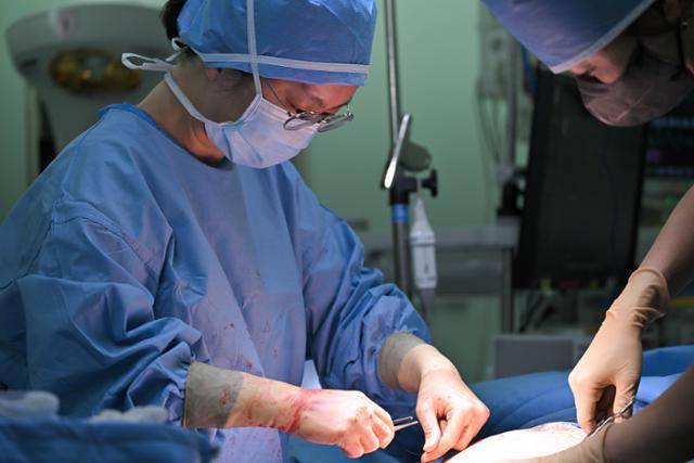 분당서울대병원 산부인과 박지윤 교수가 3월 14일 수술실에서 제왕절개 수술을 집도하고 있다. 정다빈 기자