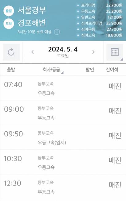 ▲ 동부고속은 3일 서울경부~경포해변 노선을 신섫나 가운데 오는 4일 예정된 서울경부~경포해변 버스편은 기존 4회 운행에서 1회(오전 9시 50분) 임시 증차가 됐음에도 매진됐다. 사진 = 고속버스 예매어플 캡쳐