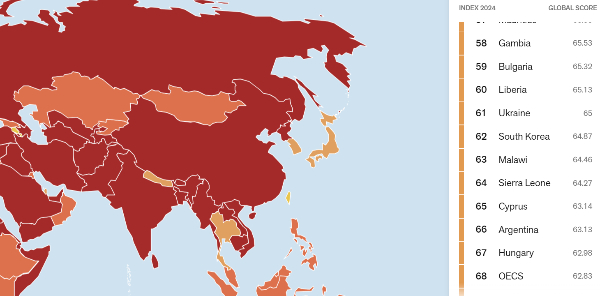 한국이 '2024 세계 언론 자유 지수'에서 62위를 기록했다. 그래픽은 국경없는기자회가 발표한 언론 자유 지수에 따라 색상으로 표시한 세계지도 일부. /그래픽=국경없는기자회 홈페이지 캡처