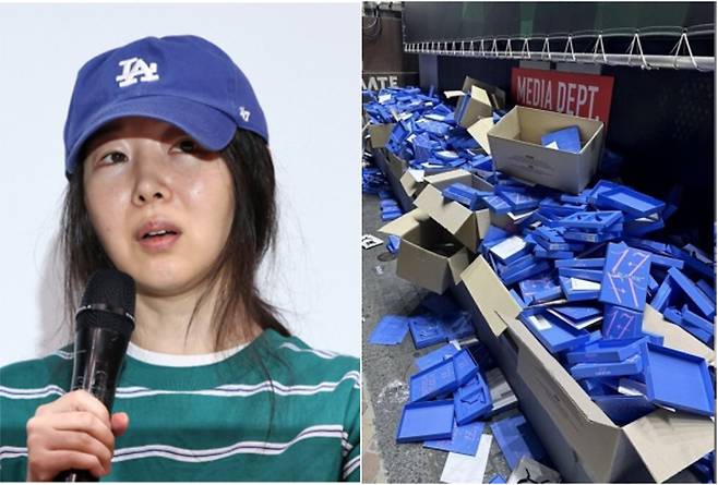 민희진 어도어 대표(왼쪽)과 일본 시부야 거리에 버려진 하이브 소속 세븐틴 앨범들(오른쪽). [연합][엑스(구트위터)}