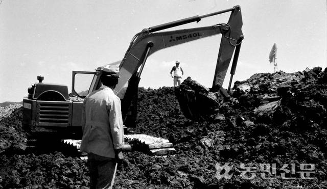 1970년대 포클레인으로 논 경지정리를 하는 모습. 농민신문DB