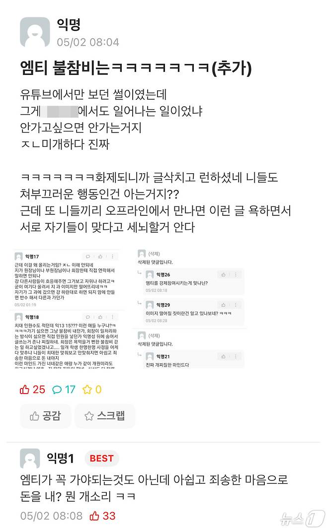 지난 2일 광주의 한 대학교 커뮤니티에 MT 불참비와 관련한 불만 게시글의 모습.(커뮤니티 캡처)2024.5.3/뉴스1