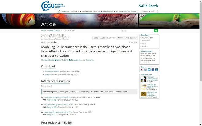 유럽지구과학회가 발간하는 솔리드어스(Solid Earth)는 각 논문에 심사평을 쓴 사람과 내용을 모두 공개하고 있다. 이처럼 저널이 투명하게 공개한다면 심사평 표절을 방지할 수 있다./솔리드어스 스크린샷