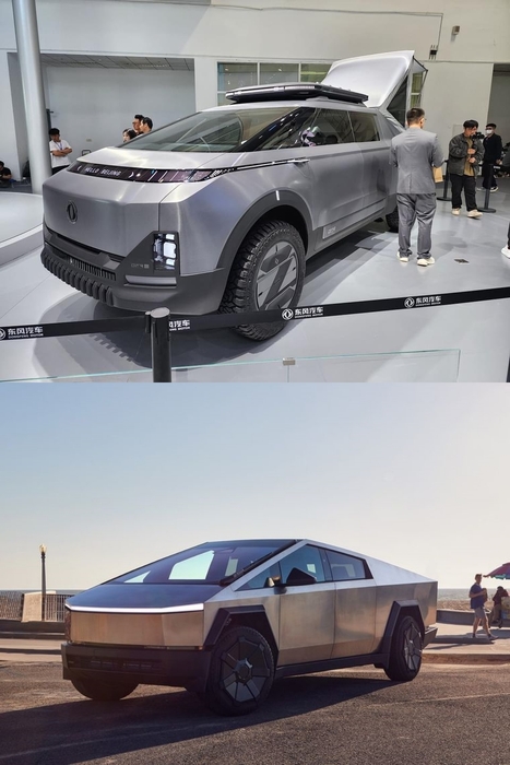 중국 둥펑 자동차가 최근 공개한 2024년 콘셉트 트럭(위)과 테슬라 사이버 트럭. 사진=엑스(@TeslaSg) 갈무리/테슬라