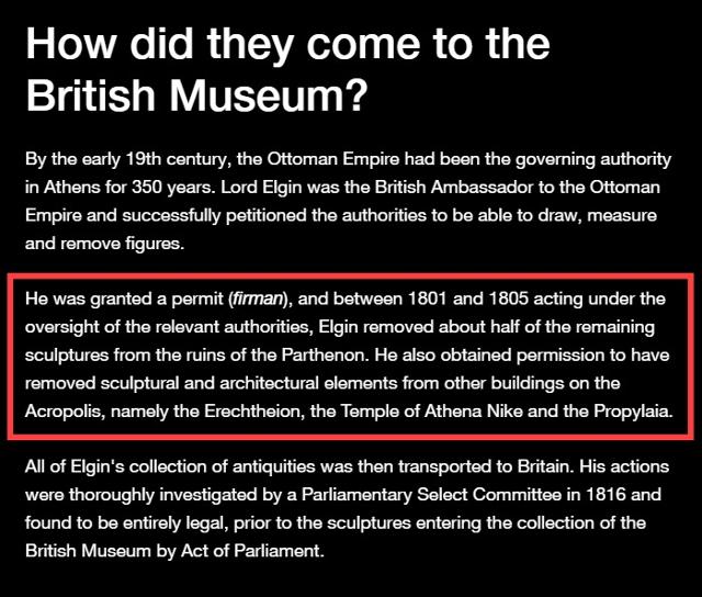 영국박물관은 홈페이지를 통해 파르테논신전에 있던 조각이 영국으로 이동하게 된 과정이 합법적이었다고 강조하고 있다. 영국박물관 캡처