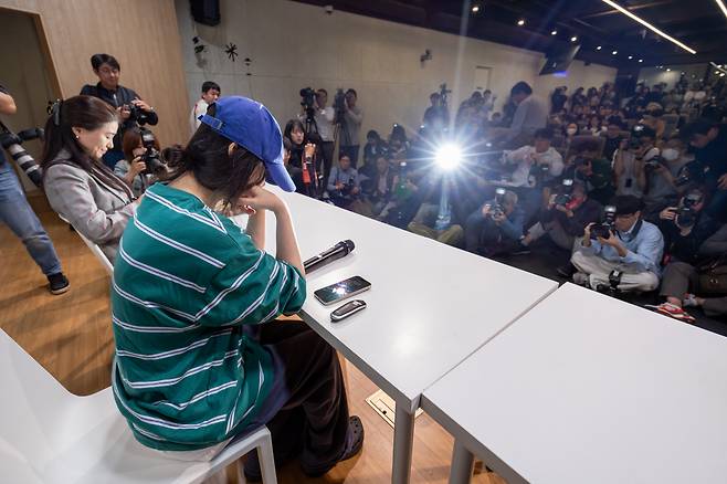 Min Hee-jin, CEO of Hybe-owned Ador, is seen at a press conference in Seoul on April 25. (Yonhap)