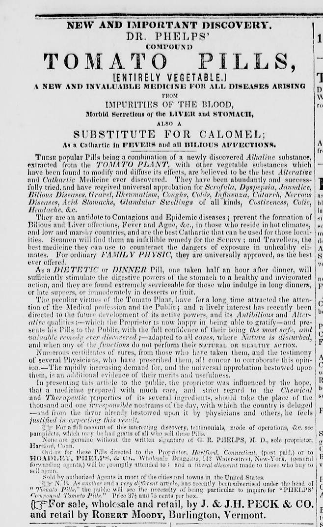 1838년 11월 23일 벌링톤 프리 프레스(Burlington Free Press)에 실린 펠프스 박사의 토마토 알약 광고. [미국 의회 도서관]