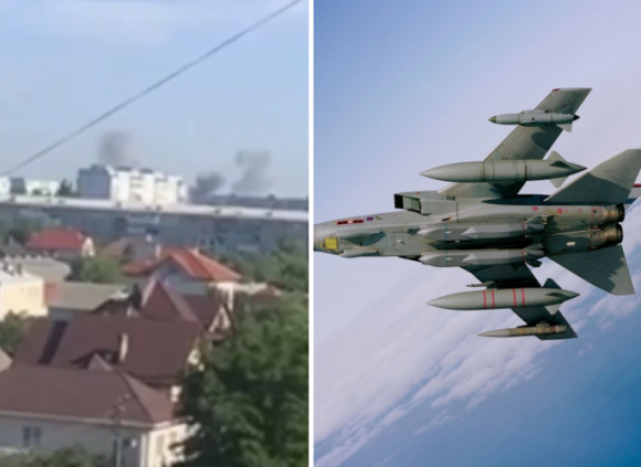 지난해 여름 영국이 제공한 장거리 순항미사일 ‘스톰 섀도’(오른쪽)공격을 받은 것으로 추정되는 우크라이나의 러시아 점령지 베르단스크 공항 인근. 검은 연기가 수 곳에서 피어오르고 있다(왼쪽)
