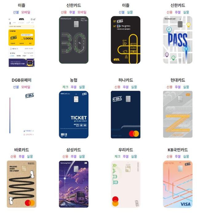 각 카드사에서 내놓은 K패스 카드 종류. 신용카드와 체크카드, 실물카드와 모바일카드 등 종류가 다양하다 . K패스 홈페이지 캡처