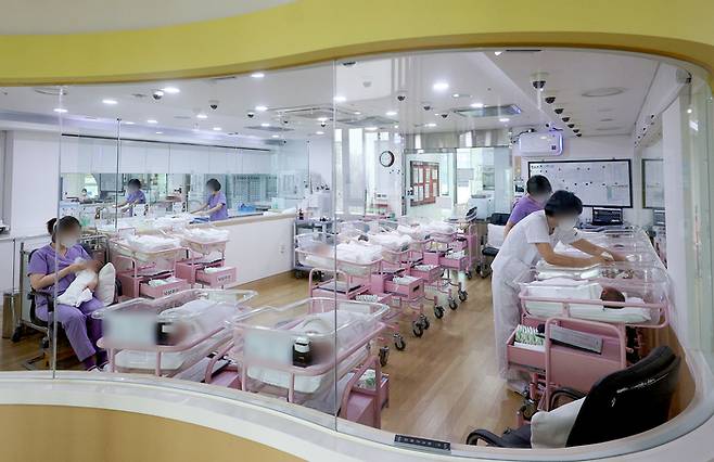 서울 시내 한 산후조리원 신생아실에서 간호사 등 관계자들이 신생아들을 돌보고 있다. [사진 출처 = 연합뉴스]