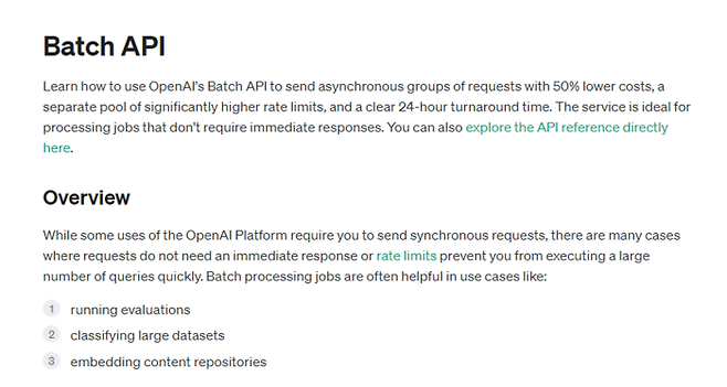오픈AI는 대규모 데이터 요청을 비동기식으로 처리할 수 있는 ‘배치(Batch) API’를 6일 공개했다.