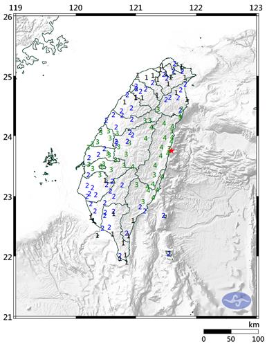 5월 9일 오후 규모 5.9 여진 발생한 대만 동부 화롄현 인근(붉은 점) [대만 중앙기상서 제공. 재판매 및 DB 금지]