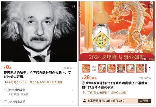 중국 최대 전자상거래 플랫폼 타오바오에서 판매 중인 가상 감성 제품들. 사기만 하면 똑똑해진다는 ‘아인슈타인의 뇌(왼쪽)’와 행운을 가져다 준다는 ‘행운의 미스트’. 사진 타오바오