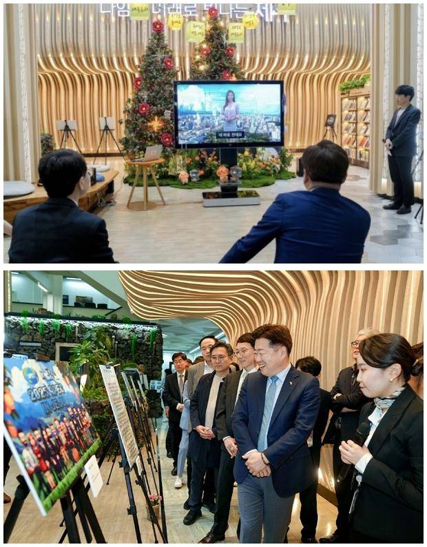 지난달 9일 제주도청에서 열린 도청 공무원들의 AI 동아리 전시회에서 '제이나'가 전시회를 소개하고 있다(위 사진). 오영훈 제주도지사가 전시를 둘러보고 있다. 제주도 제공