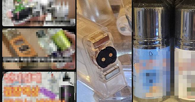 유튜브 검색창 갈무리(왼쪽), 시판되고 있는 액상형 전자담배 모습.&nbsp;