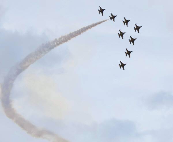 8일 울산대공원 현충탑에서 열린 고 김도현 공군 중령 추모식에서 고인이 소속해 있던 공군 곡예비행팀인 블랙이글스 대원들이 식장 상공을 추모비행하고 있다. 울산시 제공