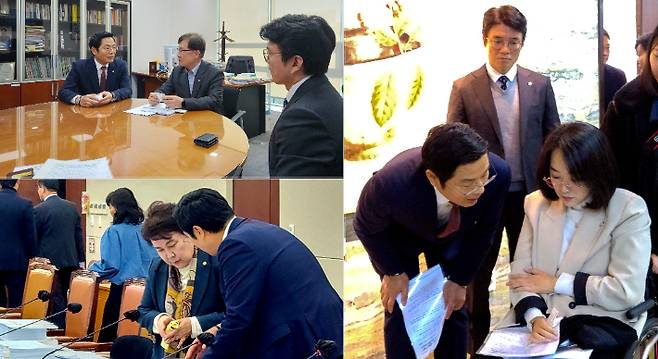 한국세무사회 구재이 회장, 김선명 부회장 및 관계자들의 국회 최재형의원(좌상), 한정애의원(좌하), 최혜영의원(우)에게 건강보험법 개정안을 설명하고 있다. 한국세무사회 제공