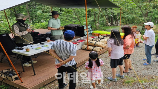 화천숲속야영장에서 방문객들이 입문자를 위한 캠핑 길라잡이 프로그램에 참여하고 있다. (사진=국립자연휴양림관리소 제공)