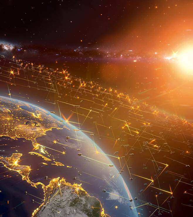 생성형 인공지능(AI) ‘미드저니’에 ‘저궤도 인공위성’을 그려달라는 내용의 프롬프트를 입력해 만든 이미지.  /미드저니