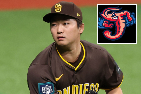 Go Woo-suk, whom the San Diego Padres traded to the Miami Marlins last week, pitched his first game for the Marlins' Triple-A affiliate Jacksonville Jumbo Shrimp in a game against the Omaha Storm Chasers in Papillion, Nebraska on Wednesday. Inset: Jacksonville Jumbo Shrimp logo. [NEWS1]