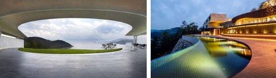 우아한 곡선으로 바다를 품은 클럽하우스(왼쪽), 바다가 내려다보이는 수영장의 야경