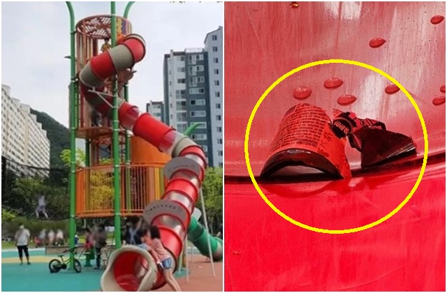 경북 구미시의 한 놀이터에 있는 8m 높이의 대형 미끄럼틀. 오른쪽 사진은 해당 미끄럼틀 내부에서 발견된 깨진 유리병 조각. 구미시청 블로그, 온라인 커뮤니티 캡처