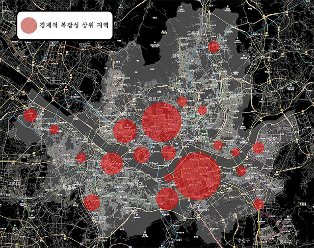 ▲ 경제적 복잡도 상위 지역을 붉은색으로 표시, 서울. ⓒ김종현