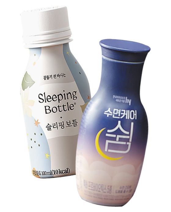 국내 스타트업 머스카의 수면 음료 '슬리핑보틀'(왼쪽)과 hy가 내놓은 '수면 케어 쉼'/머스카·hy