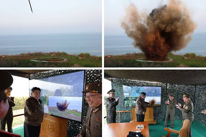 김정은 북한 국무위원장이 10일 신형 240㎜ 방사포의 시험 사격을 참관하고 있다. /조선중앙통신·뉴스1