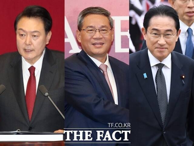 한중일 정상회의가 오는 26~27일 서울에서 열릴 예정이다. (왼쪽부터) 윤석열 대통령, 리창 중국 총리, 기시다 후미오 일본 총리. /이새롬 기자, 뉴시스, 임영무 기자