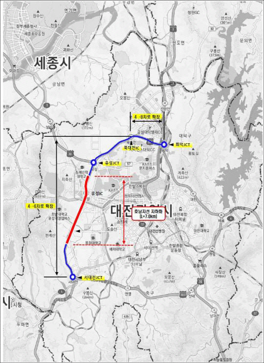 호남고속도로지선 확장 및 지하화 노선. 대전시 제공