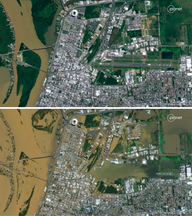 최근 브라질 홍수 피해를 당한 히우그란지두술주의 항공 위성 비교 사진.  지난 3월에 촬영된 모습(위)과 최근(아래)이 확연히 다르다. AFP 연합뉴스