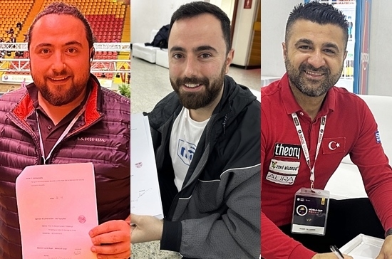 빌킹코리아가 최근 튀르키예 선수 6명과 한꺼번에 후원계약을 체결했다. (왼쪽부터)오메르 카라쿠르트, 버케이 카라쿠르트, 톨가한 키라즈가 후원계약서를 들고 포즈를 취하고 있다. (사진= 빌킹코리아)