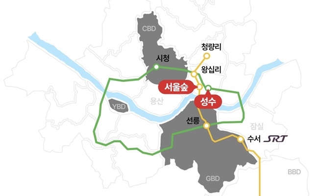성수 권역은 강남과 직선거리 2km에 불과하고 강변북로·올림픽대로와의 접근성이 높다. 서울 주요 업무지구와 분당·판교 업무지구까지 30분 내로 접근이 가능하다. /자료=알스퀘어