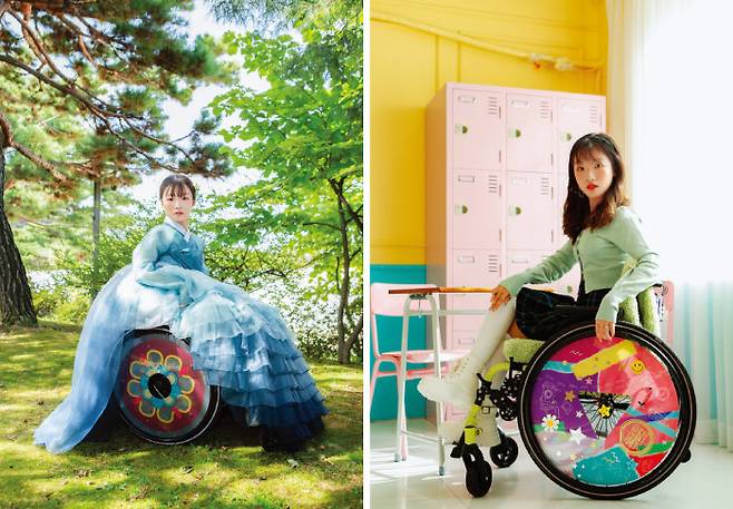 김지우 작가는 다양한 의상과 그에 맞는 휠체어 디자인을 선보이는 ‘이달의 휠체어’ 화보 프로젝트를 진행했다. 타인의 시선을 당당하게 즐기자는 의미였다고. 사진은 포토그래퍼 장모리 제공.