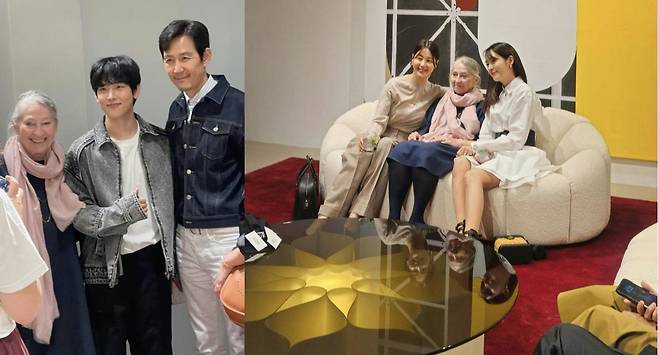 피에르 폴랑의 부인 마야와 넷플릭스 드라마 '오징어게임2'에 함께 출연한 배우 임시완과 이정재(왼쪽), 배우 한지혜, 성유리와 함께 사진을 찍은 마야. /폴랑