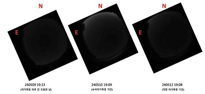 한국천문연구원이 경북 영천시 보현산천문대의 전리권·고층대기 관측시스템(TIMOS)으로 포착한 오로라. 태양 폭풍 기간 촬영한 가운데 이미지의 북쪽에서 적색광이 나타난다./한국천문연구원