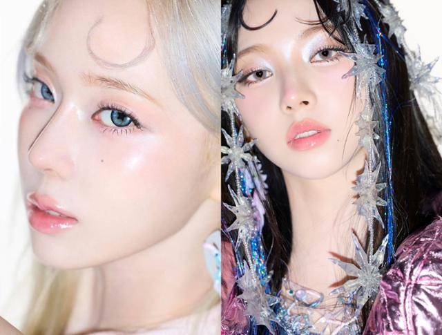 각각 별 모양과 하트 모양의 그래픽 렌즈를 착용한 에스파 카리나(왼쪽)와 윈터. SM엔터테인먼트 제공