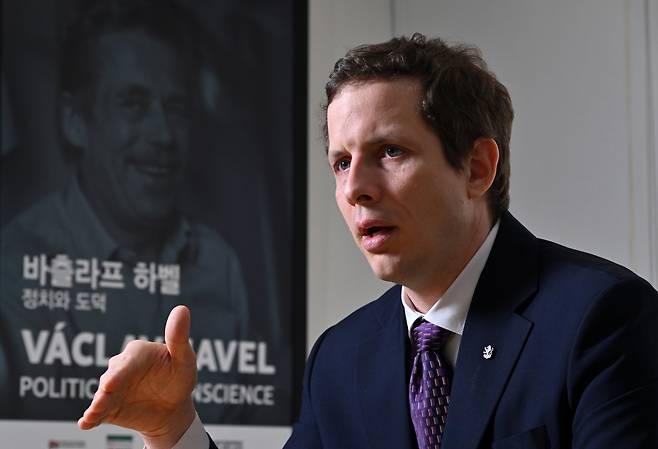 Michal Emanovsky, director of the Czech Center Seoul, speaks during an interview with The Korea Herald at his office in Seoul on April 17. (Im Se-jun/The Korea Herald)