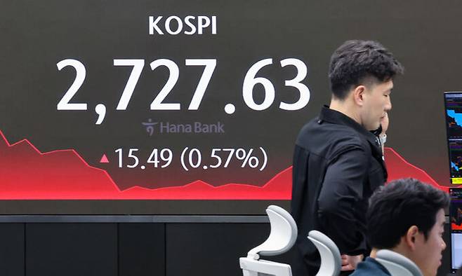 지난 10일 오후 서울 중구 하나은행 본점 딜링룸 현황판에 코스피가 표시돼 있다. 연합뉴스