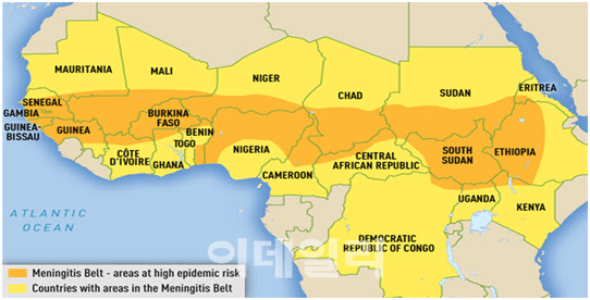 사하라 이남 아프리카의 확장된 뇌수막염 벨트는 서쪽의 세네갈부터 동쪽으로 에티오피아까지(26개 국가) 뻗어있으며, 높은 질병 보유율을 기록하고 있다.(제공=CDC)
