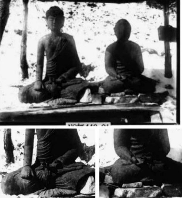 1924년 출토 당시 원두막에 임시 보관 중인 석가모니불과 지장보살상. 두 철불 모두 손이 보존돼 있는 모습(사진=연합뉴스)